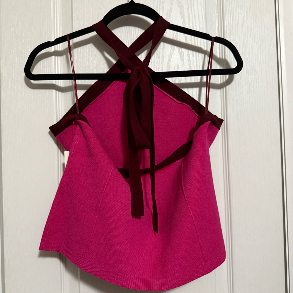 Women's Pink Halter Knit Tank with Brown Trim - Picture 5 of 6